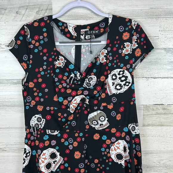 Oten Fit Flare Dress Women’s XL Black Sugar Skull Day Of Dead Pin Up Hot Topic - Picture 3 of 7
